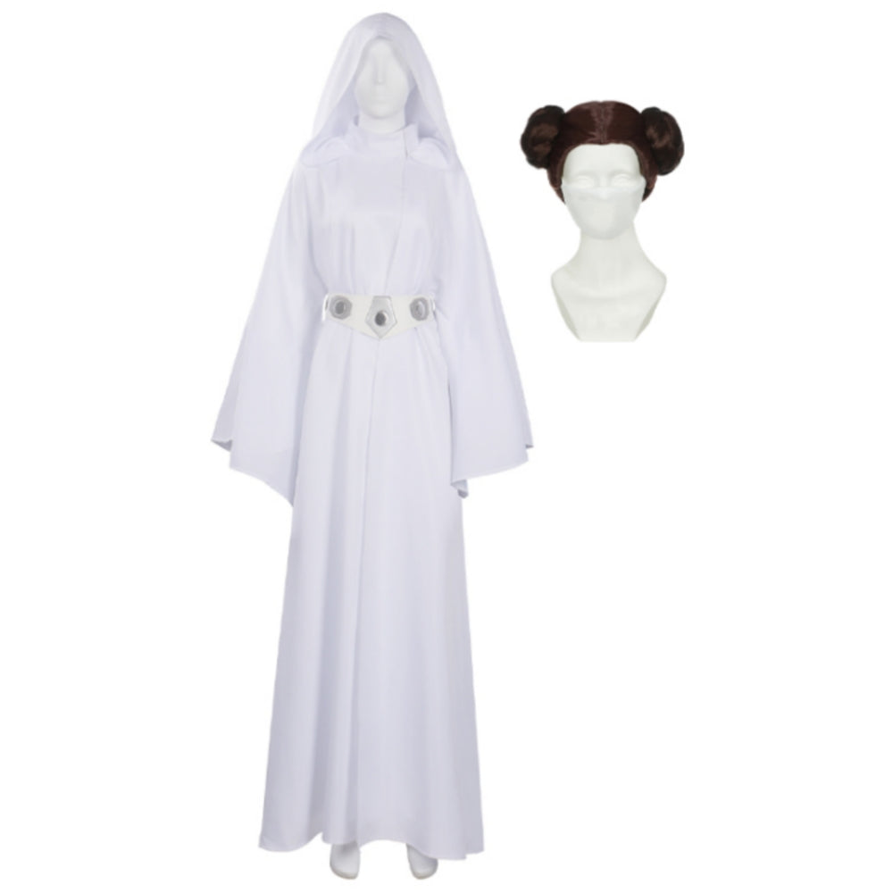 white princess leia dress Women and Wig Party Carnival Halloween Cosplay Costume _okendo:syndication_key:CL128787002 Halter Dress Pattern - unite the galaxy Size:2X-Large Tall
