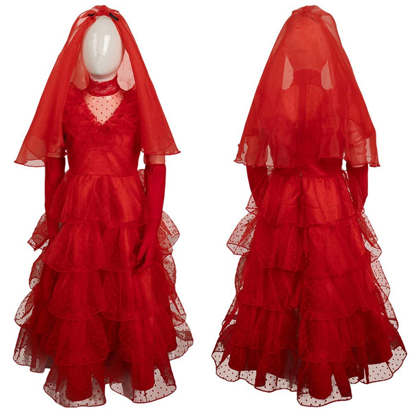 Beetlejuice Movie Lydia Deetz Kids Children Red Wedding Dress Party Carnival Halloween Cosplay Costume