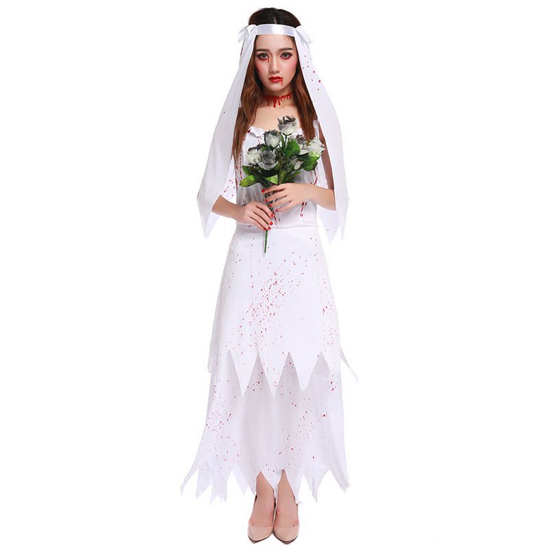 Women's Dead Zombie Ghost Bride Halloween Fancy Dress Costume
