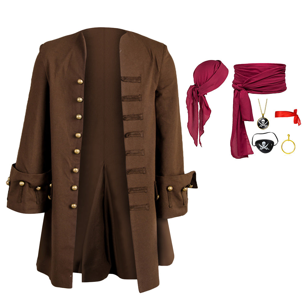 Pirates Brown Coat Headscarf Belt Full Set Cosplay Costume | Cossky