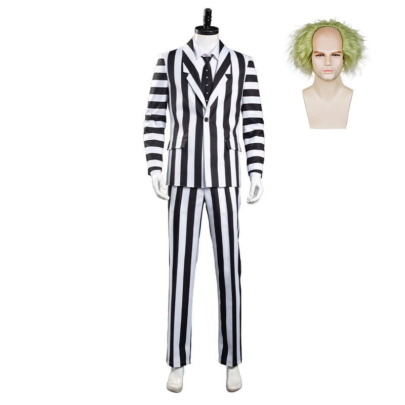 Beetlejuice Adam Men Black and White Striped Suit Jacket Shirt Pants Outfits Halloween Carnival Costume Cosplay Costume