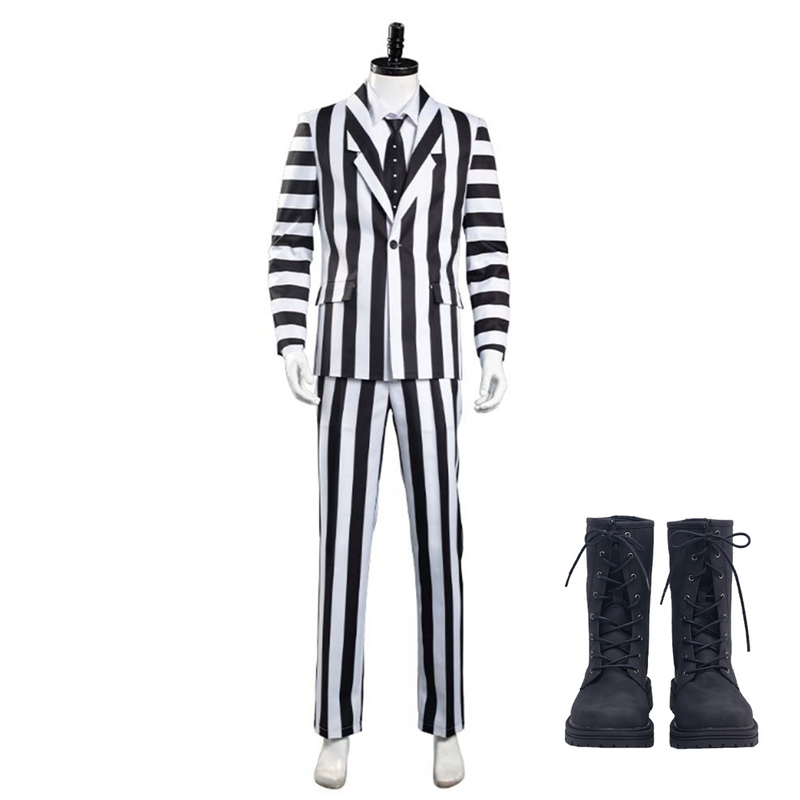 Beetlejuice Adam Men Black and White Striped Suit Jacket Shirt Pants Outfits Halloween Carnival Costume Cosplay Costume