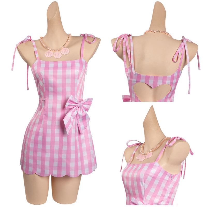 2023 Movie Margot Robbie Pink Plaid Dress Outfits Halloween Carnival Suit Cosplay Costume