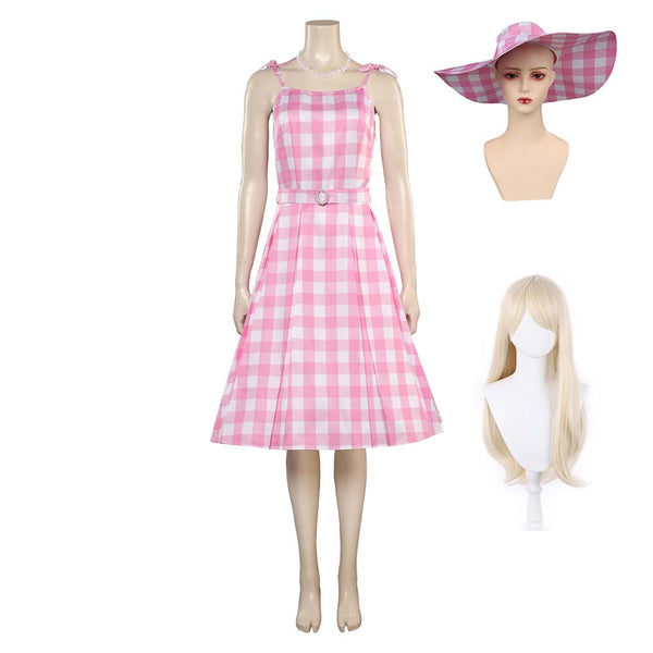 2023 Doll Margot Robbie Pink Plaid Long Dress Outfits Cosplay Costume