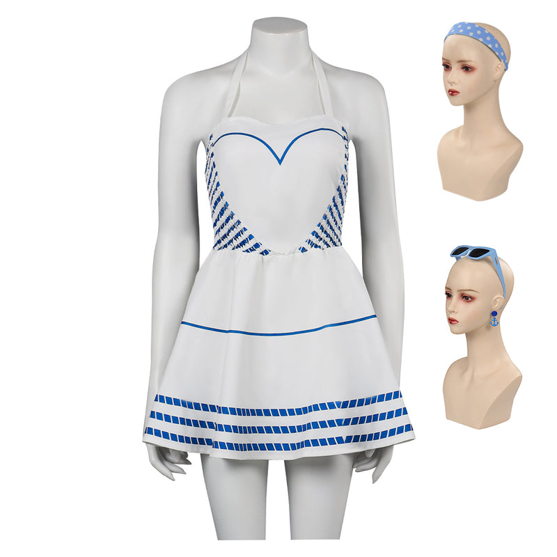 2023 Blue Stripes Halter Dress Halloween Carnival Suit Cosplay Costume