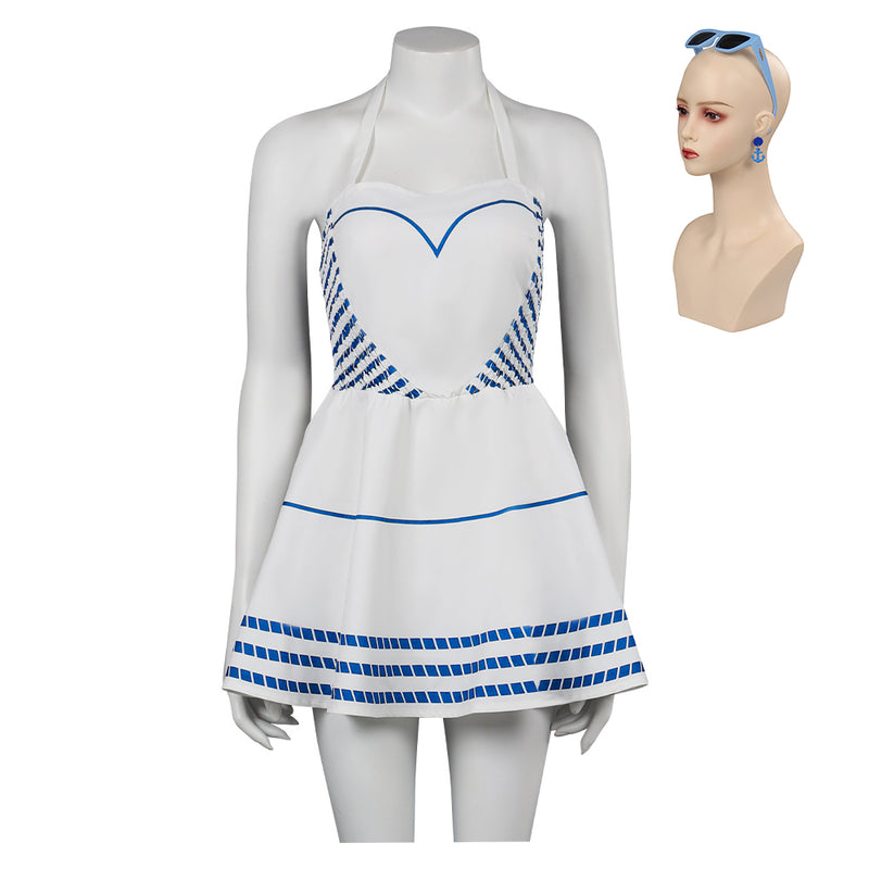 2023 Blue Stripes Halter Dress Halloween Carnival Suit Cosplay Costume