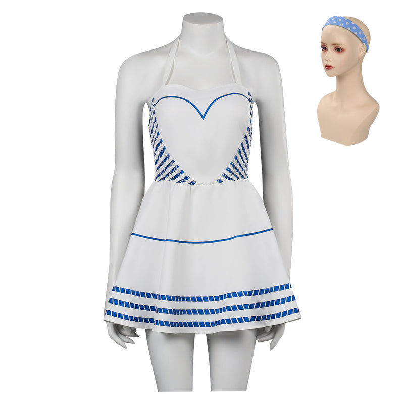 2023 Blue Stripes Halter Dress Halloween Carnival Suit Cosplay Costume