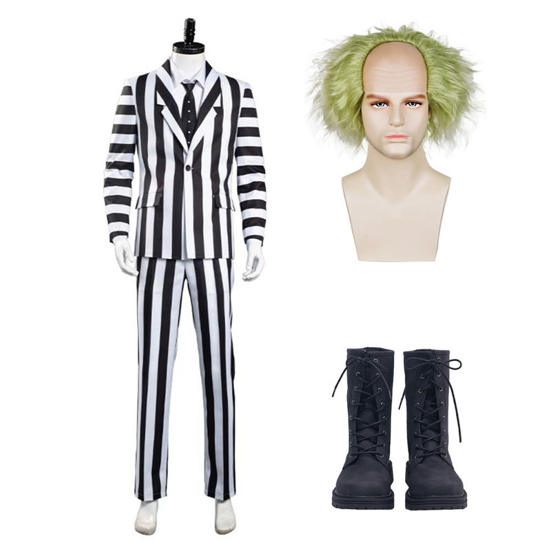 Beetlejuice Adam Men Black and White Striped Suit Jacket Shirt Pants Outfits Halloween Carnival Costume Cosplay Costume