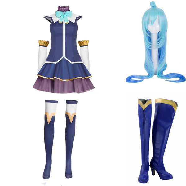 Kono Subarashii Sekai ni Shukufuku wo! Aqua Women Blue Uniform Wig Shoes Set Cosplay Costume