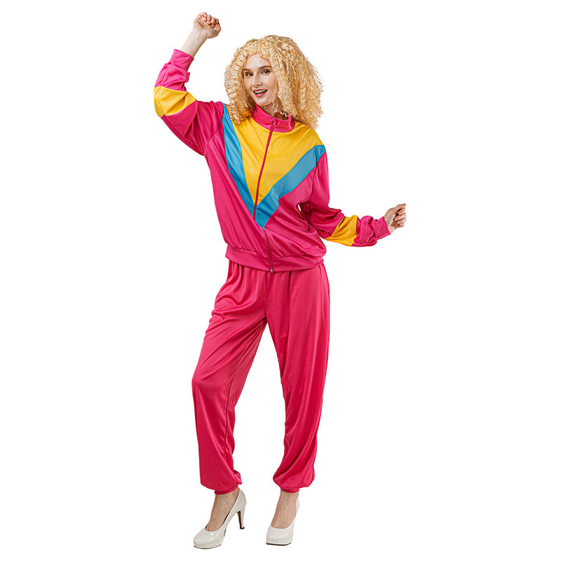 Women 80s Tracksuit Disco Suit Pink Outfit for Adult Carnival Halloween Cosplay Costume