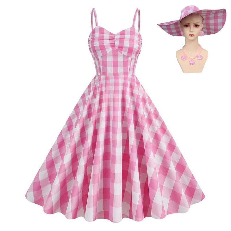 2023 Margot Pink Plaid Dress Summer Beach Outfits Halloween Carnival Cosplay Costume