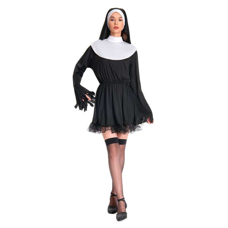 Women Nun Costume Black Dress Outfit for Adult Carnival Halloween Cosplay Costume