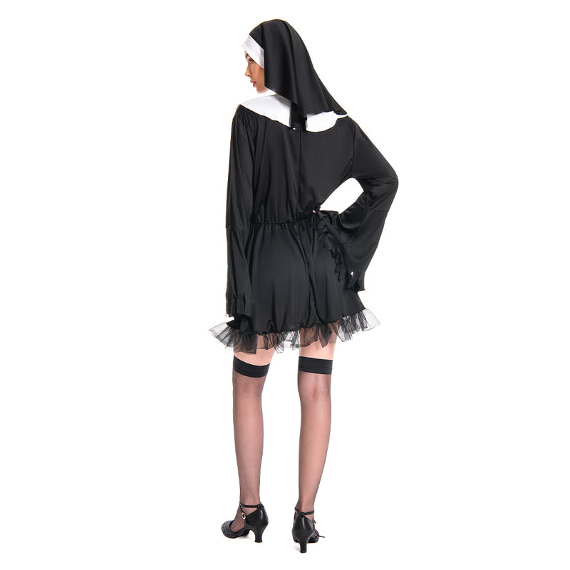 Women Nun Costume Black Dress Outfit for Adult Carnival Halloween Cosplay Costume