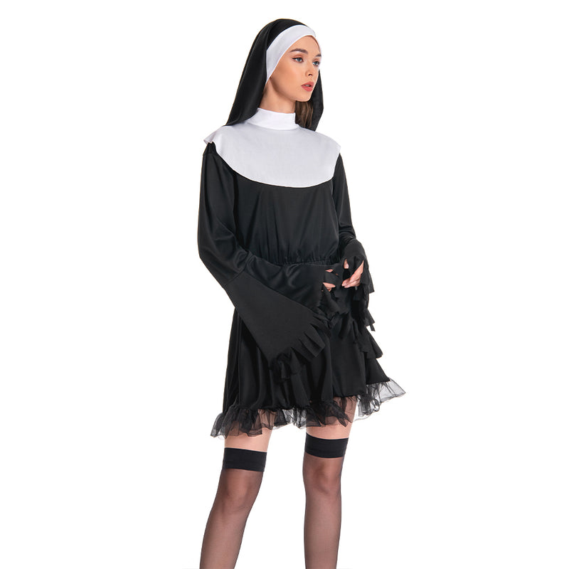 Women Nun Costume Black Dress Outfit for Adult Carnival Halloween Cosplay Costume