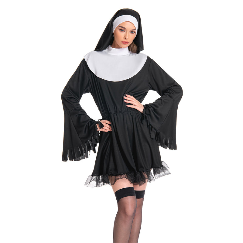 Women Nun Costume Black Dress Outfit for Adult Carnival Halloween Cosplay Costume