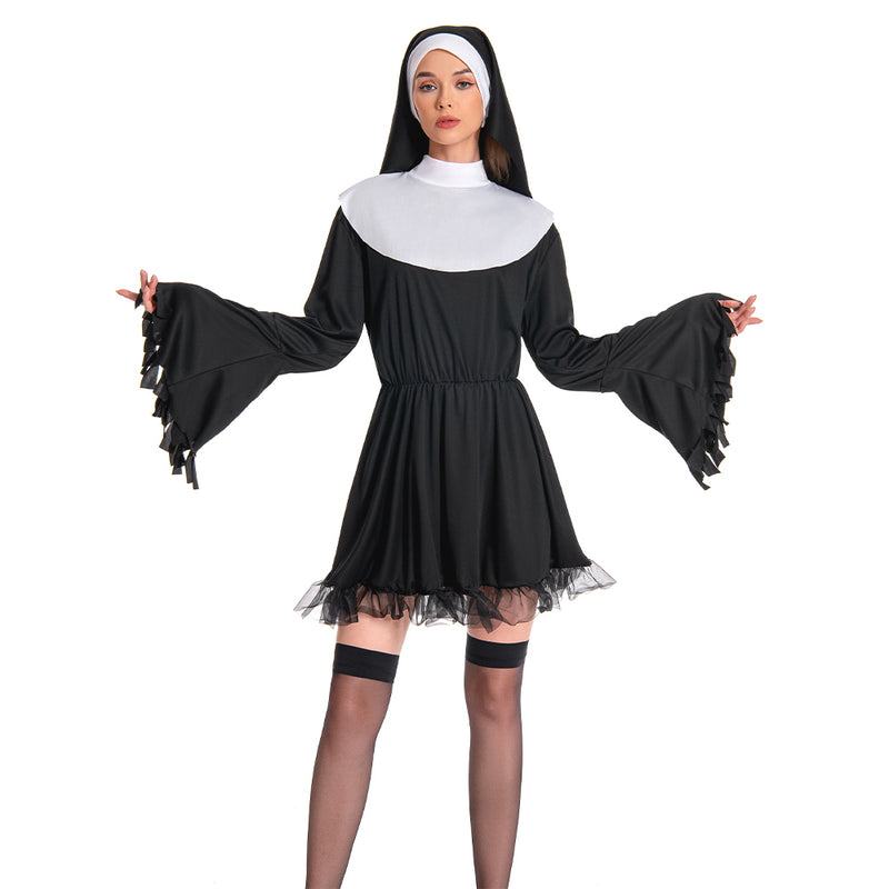 Women Nun Costume Black Dress Outfit for Adult Carnival Halloween Cosplay Costume