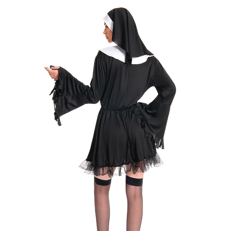 Women Nun Costume Black Dress Outfit for Adult Carnival Halloween Cosplay Costume