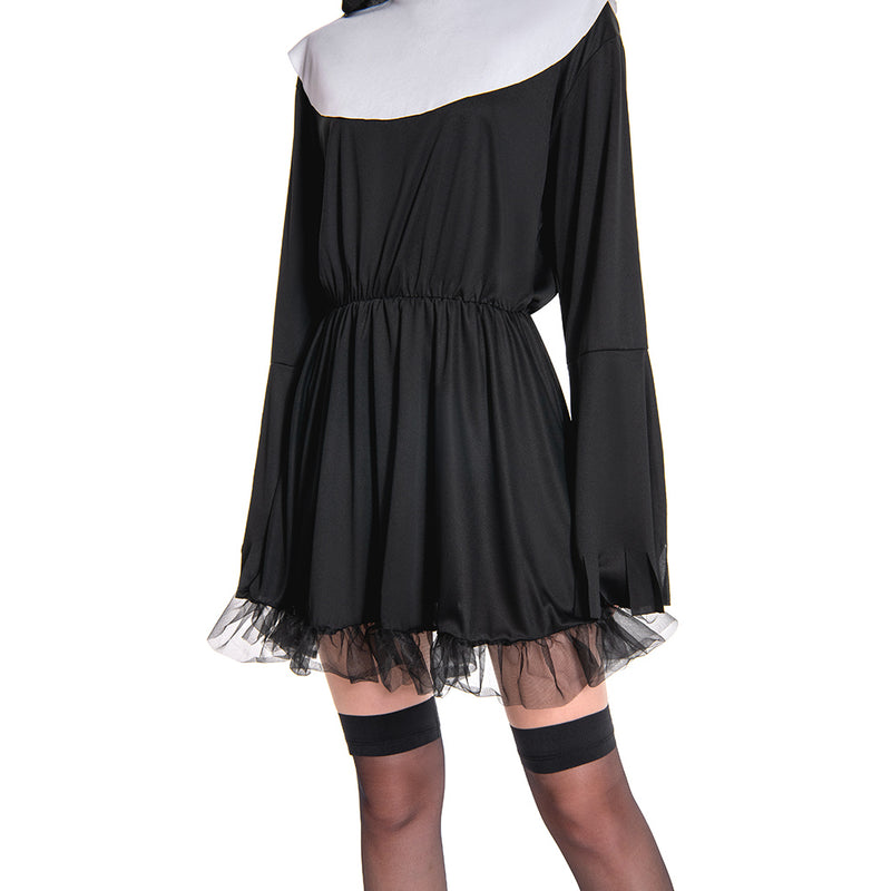 Women Nun Costume Black Dress Outfit for Adult Carnival Halloween Cosplay Costume