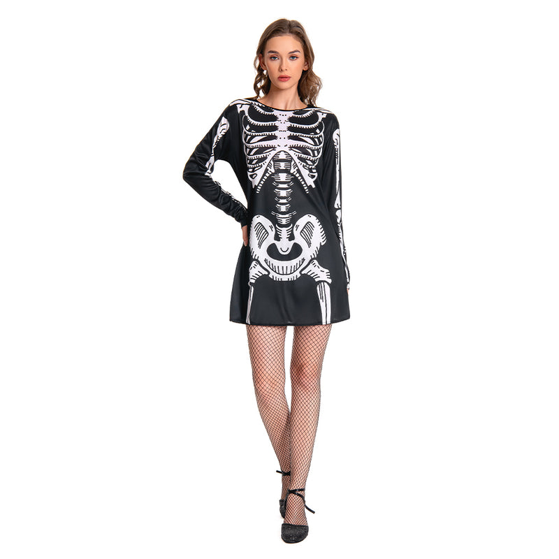 Women Skeleton Costume Black Dress Outfit for Adult Carnival Halloween Cosplay Costume