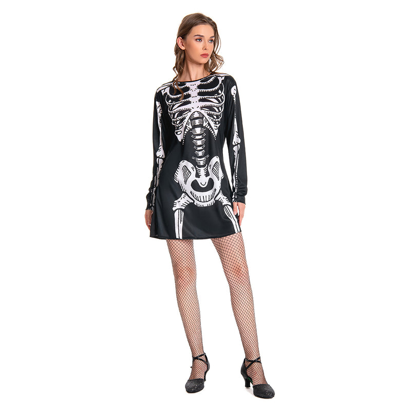 Women Skeleton Costume Black Dress Outfit for Adult Carnival Halloween Cosplay Costume