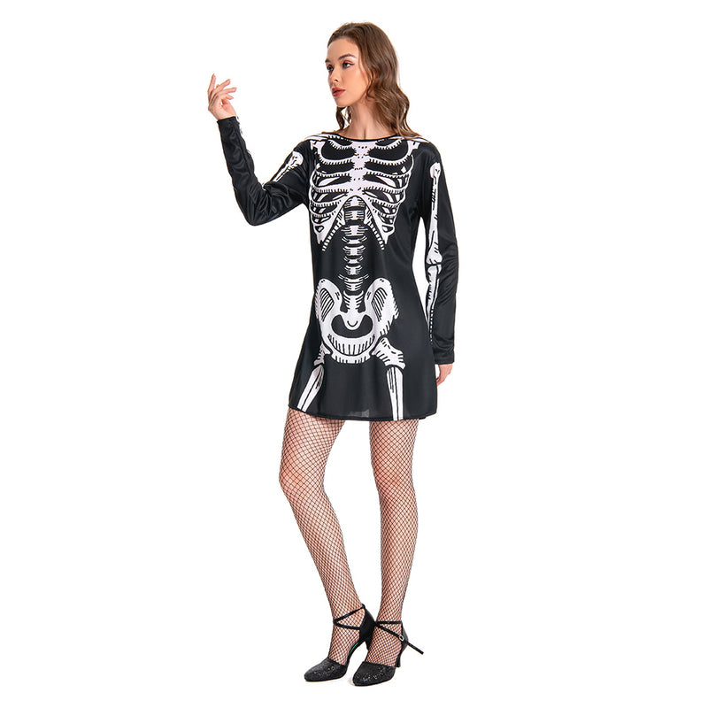 Women Skeleton Costume Black Dress Outfit for Adult Carnival Halloween Cosplay Costume