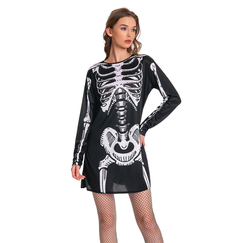 Women Skeleton Costume Black Dress Outfit for Adult Carnival Halloween Cosplay Costume