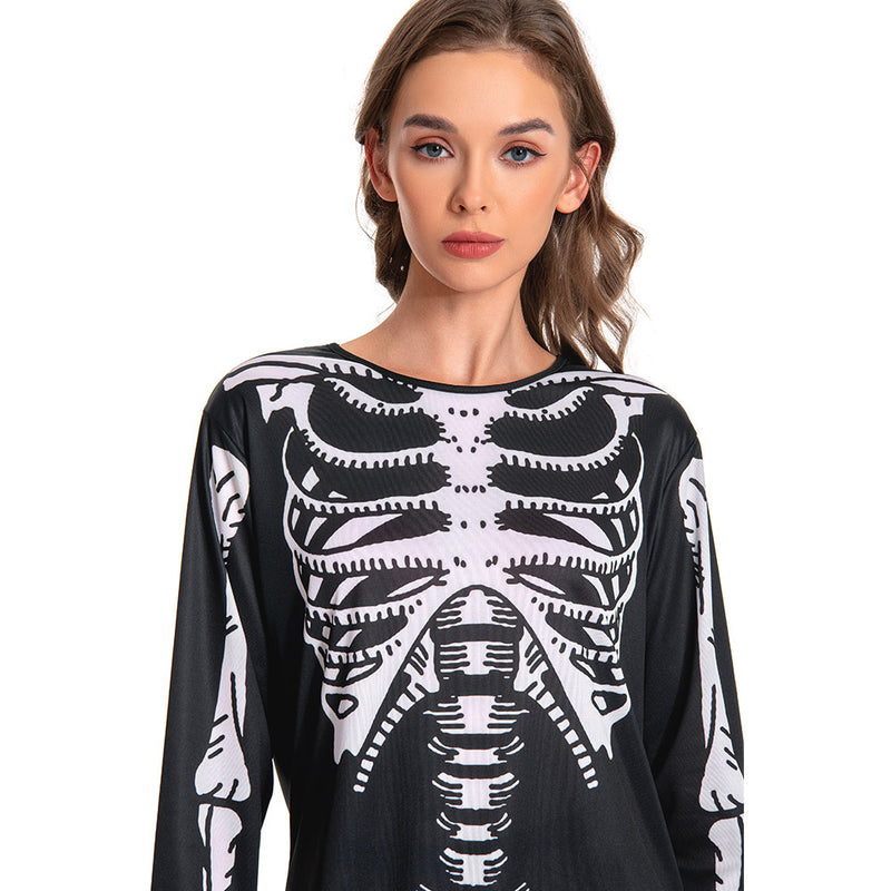 Women Skeleton Costume Black Dress Outfit for Adult Carnival Halloween Cosplay Costume