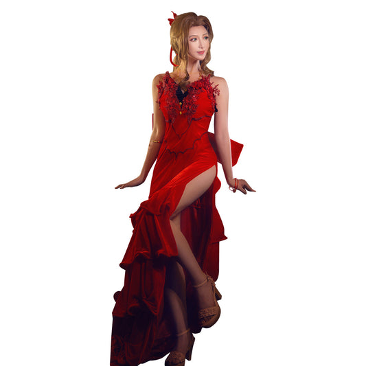 FF VII Remake Aerith Aeris Gainsborough Red Party Dress Halloween Cosplay Costume