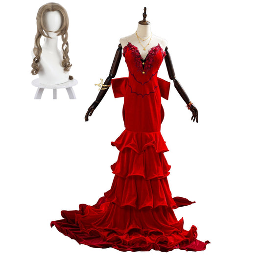 FF VII Remake Aerith Aeris Gainsborough Red Party Dress Halloween Cosplay Costume