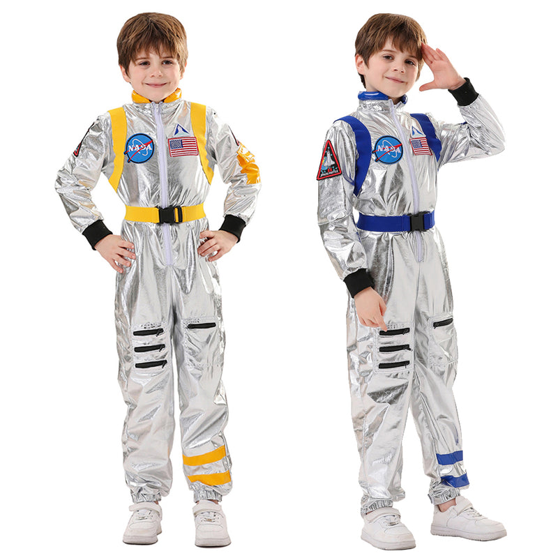 Kids Children Astronaut Blue Yellow Futuristic Fullset Outfits Halloween Carnival Cosplay Costume