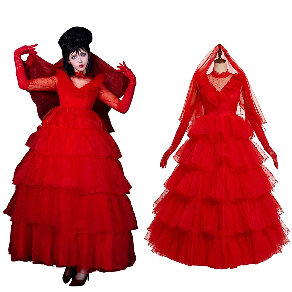 fitted lace wedding dress Beetlejuice 2024 Lydia Deetz / Beetlejuice Cosplay Costume Red Wedding  Outfits Halloween Carnival Suit main image 0