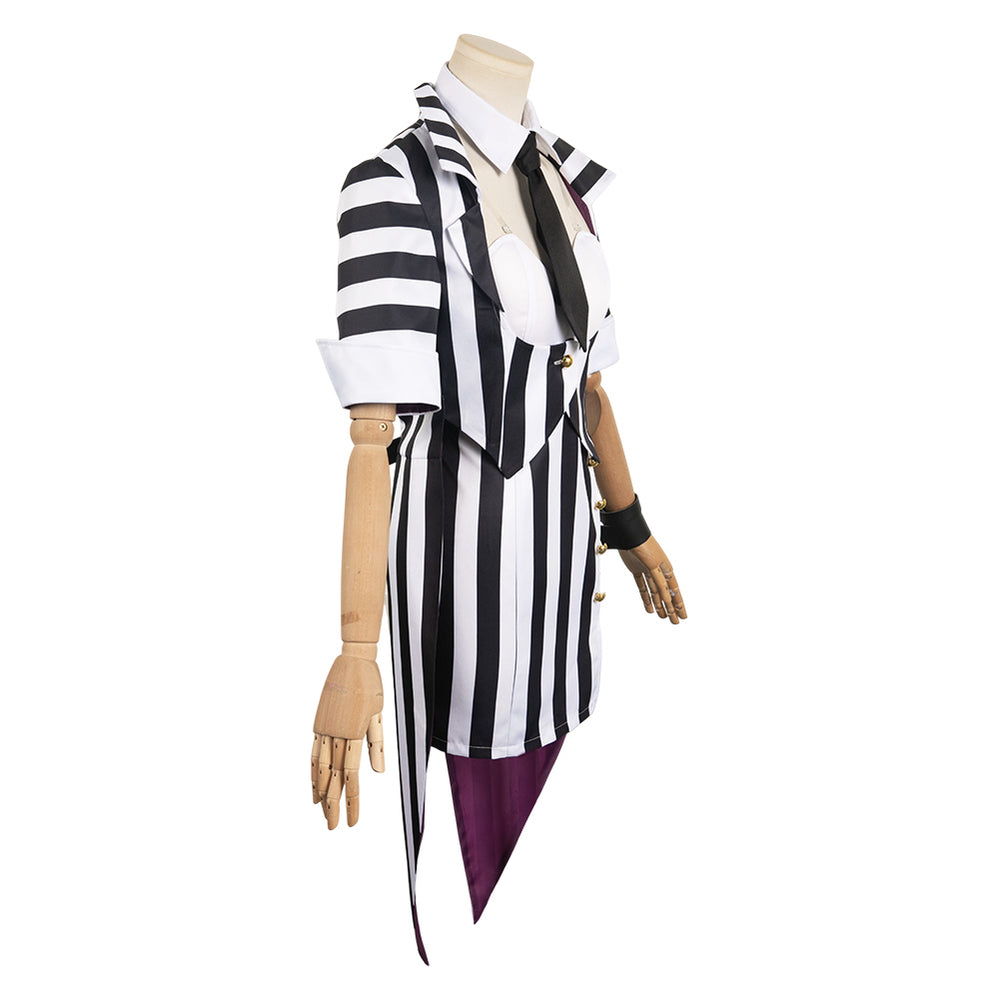black and white striped dress halloween costume Beetlejuice 2024 Lydia Deetz Women Stripe Outfit Party Carnival Cosplay Size:XXS / US 0 Women's Black Long Sleeve this Wednesday outfit will Sexy Black Leather Dresses