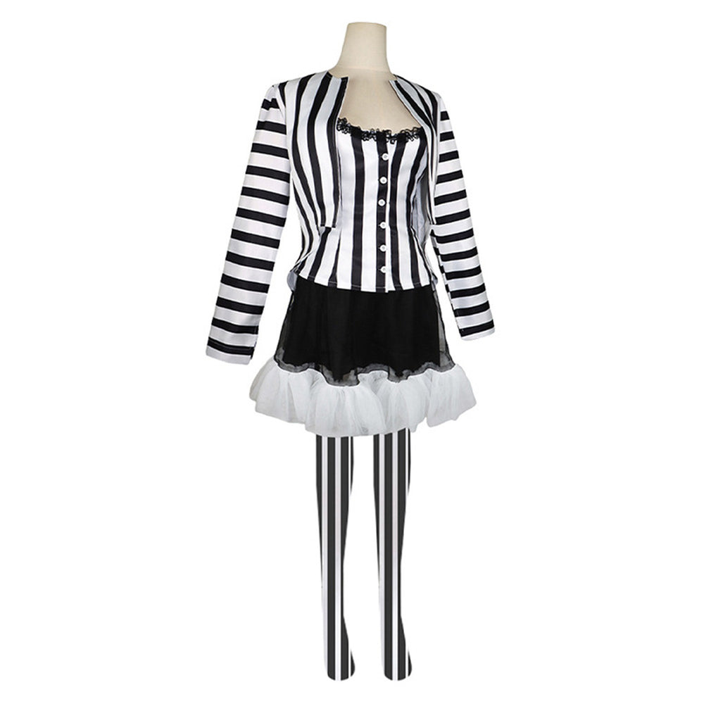 Beetlejuice 2024 Lydia Deetz Women Black White Stripe Dress Party Carnival Halloween Cosplay Costume