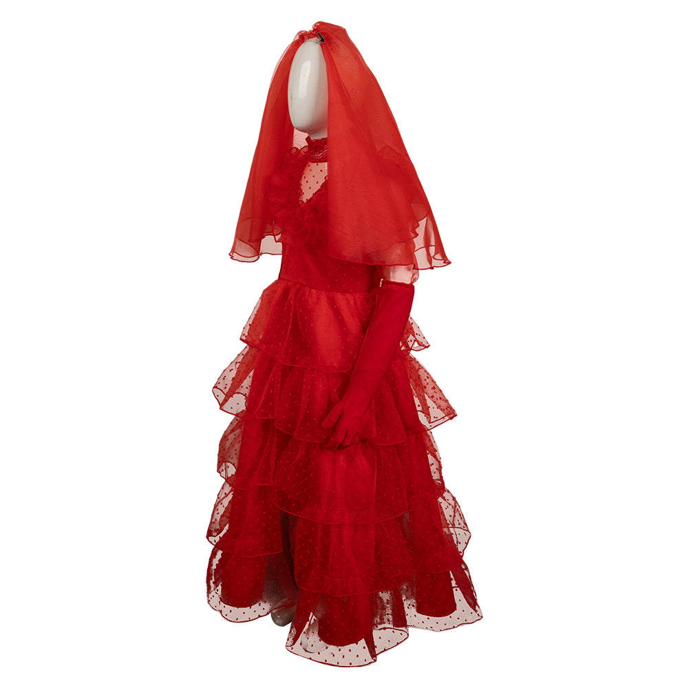 beetlejuice red wedding dress Beetlejuice Lydia Deetz Kids Children Red Wedding Dress Party Carnival Halloween Cosplay Costume