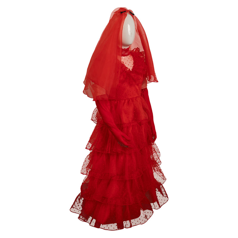 Beetlejuice Movie Lydia Deetz Kids Children Red Wedding Dress Party Carnival Halloween Cosplay Costume