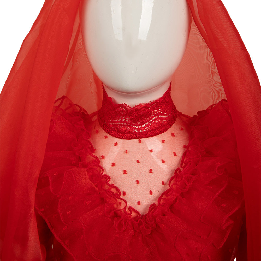 lydia red wedding dress Beetlejuice Deetz Gothic Style Cosplay Costume for Halloween with Headdress down to the themed base Plus Size Red Wedding Dress