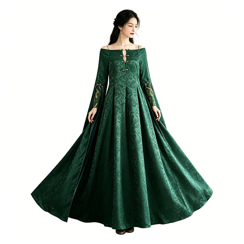 long green dress costume Medieval Flower Fairy Green Gradient Tube Dress Renaissance Fantasy Costume  Outer Dress with Sleeves