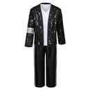 Cosplay Costume Pop Star 80S Retro Sequin 6Pcs Suit Fullset Black Men Halloween Carnival Party Outfits