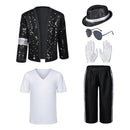 Cosplay Costume Pop Star 80S Retro Sequin 6Pcs Suit Fullset Black Men Halloween Carnival Party Outfits