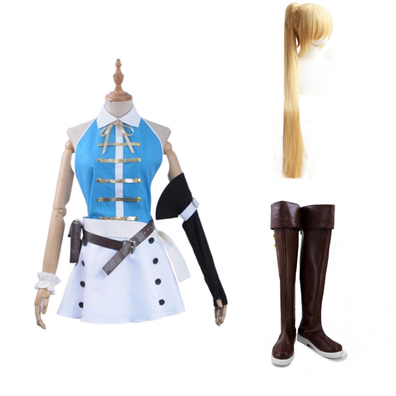 Fairy Tail Season 3 Anime Lucy Heartfilia Women Blue Dress Wig Shoes Full Set Cosplay Costume