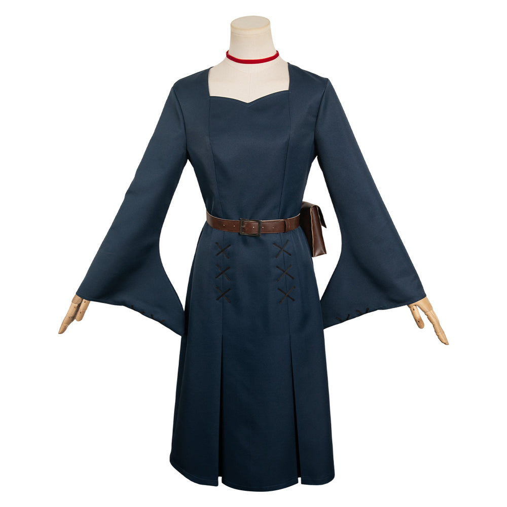dark blue dress halloween costume Delicious in Dungeon Marcille Women Party Carnival Cosplay Color:Red as Pics Blue tulle lace short Waist Training slightly puffed sleeves with