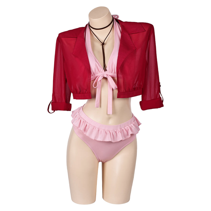 Final Fantasy VII Game Aerith Gainsborough Women Pink Bikini Set Swimsuit Cosplay Costume Original Design