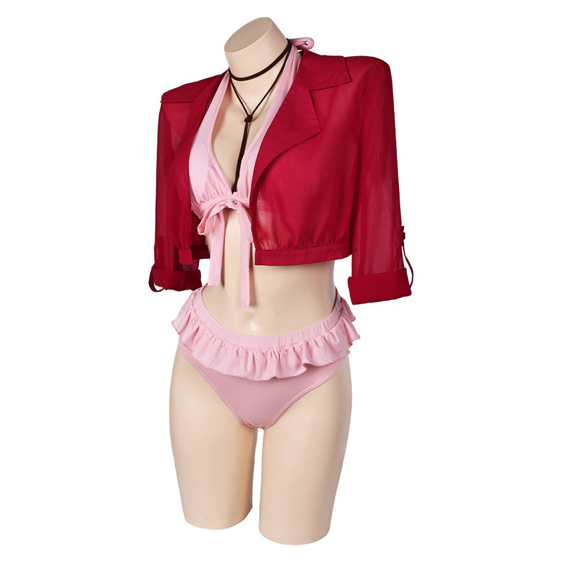 Final Fantasy VII Game Aerith Gainsborough Women Pink Bikini Set Swimsuit Cosplay Costume Original Design