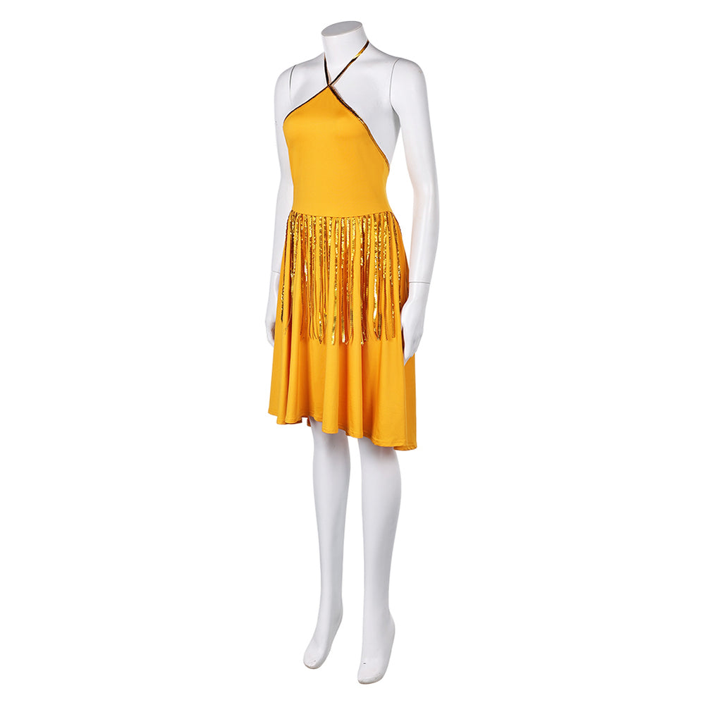 green emerald velvet dress Joker: Folie à Deux (2024) Harley Quinn Women Yellow Dress Cosplay Costume