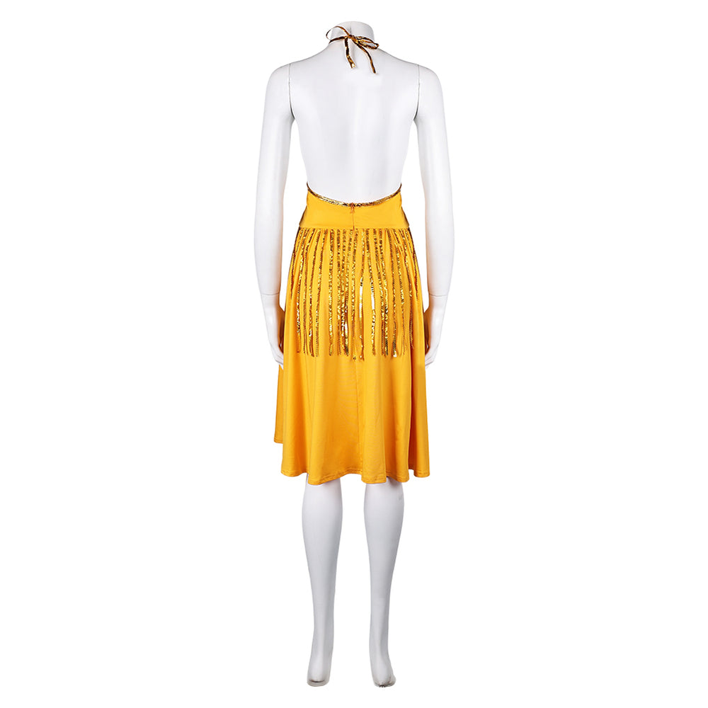 harley quinn costume gold dress Joker: Folie à Deux (2024) Women Yellow Cosplay crushed velvet dress Ashley Lauren 4646 Velvet kicking business Colors:Chambray Blue