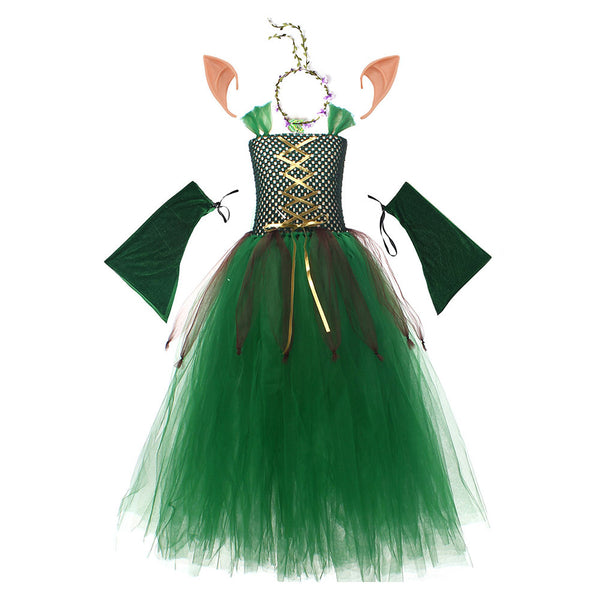 Kids Children Christmas Elf Girl Green Mesh Dress Medieval Fantasy Outfits Outfits Halloween Carnival Cosplay Costume