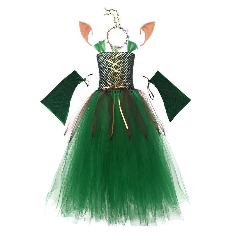 Kids Children Christmas Elf Girl Green Mesh Dress Medieval Fantasy Outfits Outfits Halloween Carnival Cosplay Costume