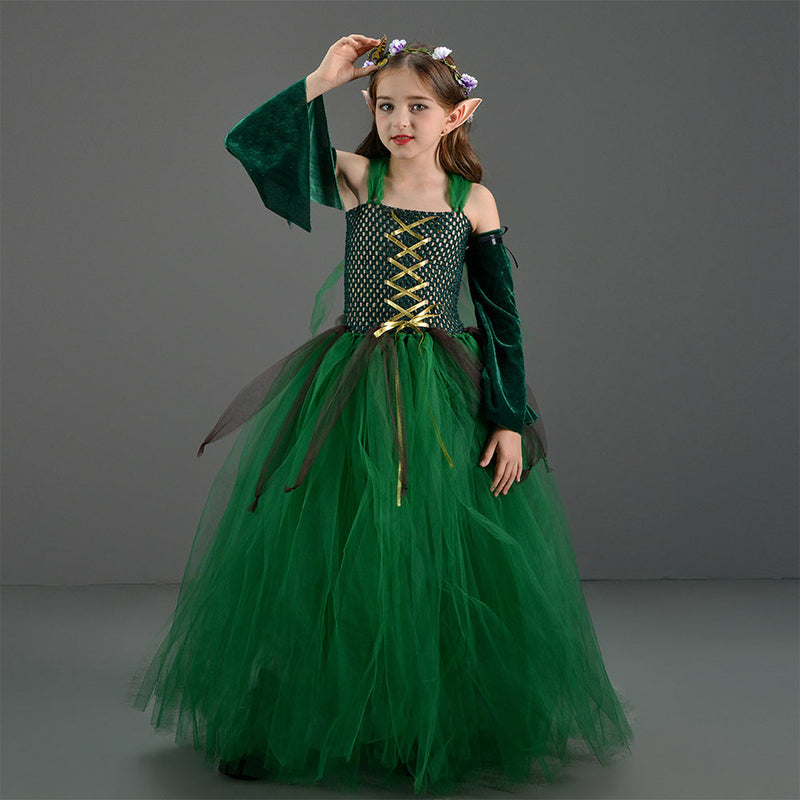 Kids Children Christmas Elf Girl Green Mesh Dress Medieval Fantasy Outfits Outfits Halloween Carnival Cosplay Costume