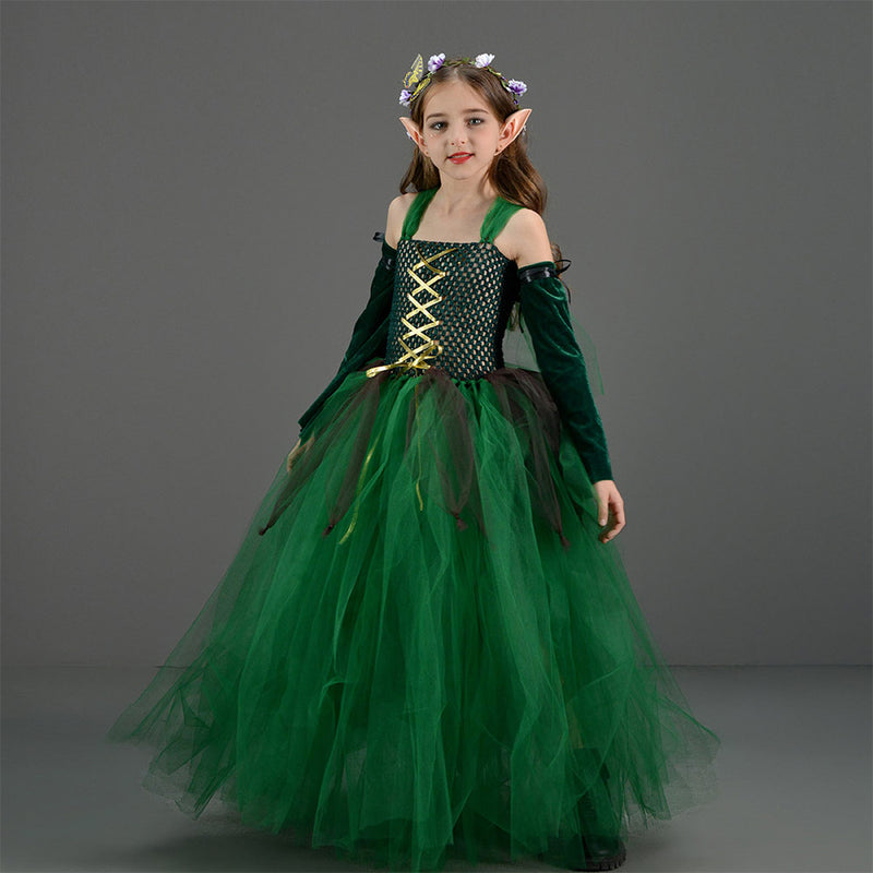 Kids Children Christmas Elf Girl Green Mesh Dress Medieval Fantasy Outfits Outfits Halloween Carnival Cosplay Costume