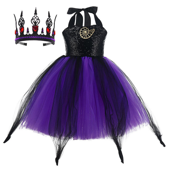 Maleficent Movie Witch Kids Children Purple Tutu Dress With Crown Party Carnival Halloween Cosplay Costume